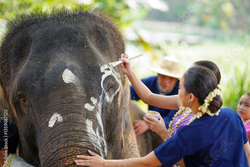 Closeup group of tourist paint on the Asian elephant's face at the elephant national park, Lampang Thailand