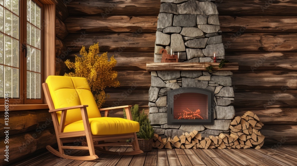 A warm and inviting log cabin interior featuring a vibrant yellow rocking chair beside a stone fireplace. The soft glow of the fire creates a cozy ambiance, complemented by rustic wood walls and a