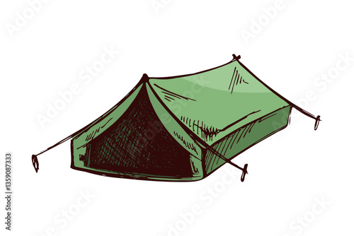 Hand-drawn green camping tent for outdoor adventure and travel design in vintage engraved style