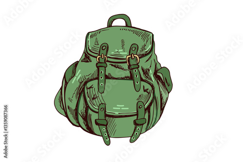 Hand-drawn green travel backpack with buckles and pockets for hiking and adventure design in vintage engraved style