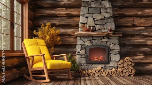 A warm and inviting log cabin interior featuring a vibrant yellow rocking chair beside a stone fireplace. The soft glow of the fire creates a cozy ambiance, complemented by rustic wood walls and a