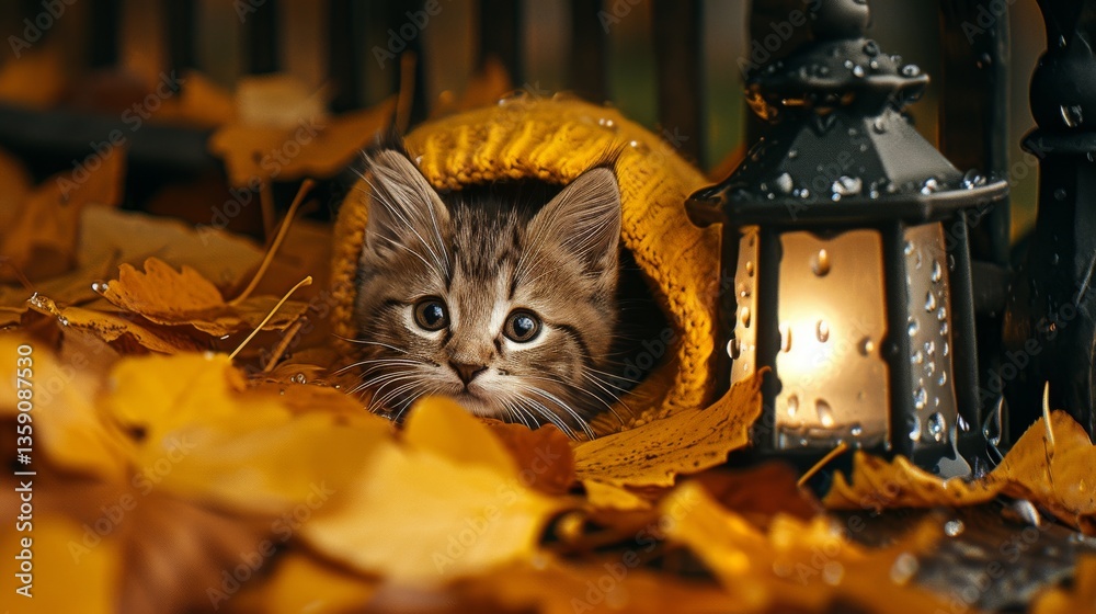 A curious tabby kitten peeks out from a yellow sweater, surrounded by vibrant autumn leaves. The image captures a charming and cozy fall atmosphere, ideal for seasonal, pet, or home decor themes.