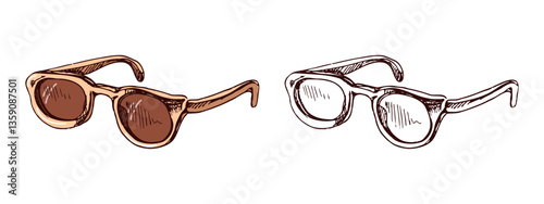 Hand drawn sketch of sunglasses in vintage cartoon style, color and monochrome set
