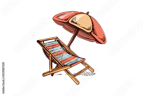 Hand drawn sketch of beach chair with umbrella in colorful cartoon style