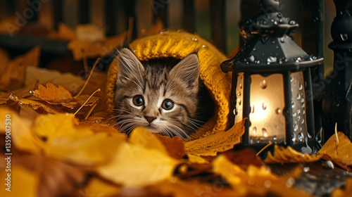 Obraz na płótnie A curious tabby kitten peeks out from a yellow sweater, surrounded by vibrant autumn leaves. The image captures a charming and cozy fall atmosphere, ideal for seasonal, pet, or home decor themes. w salonie
