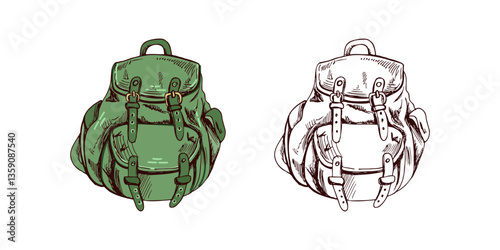 Hand drawn sketch of hiking backpack in vintage cartoon style, color and monochrome version
