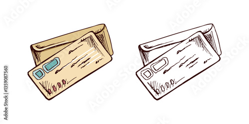 Vintage hand drawn envelope and letter in sketch style, color and monochrome version