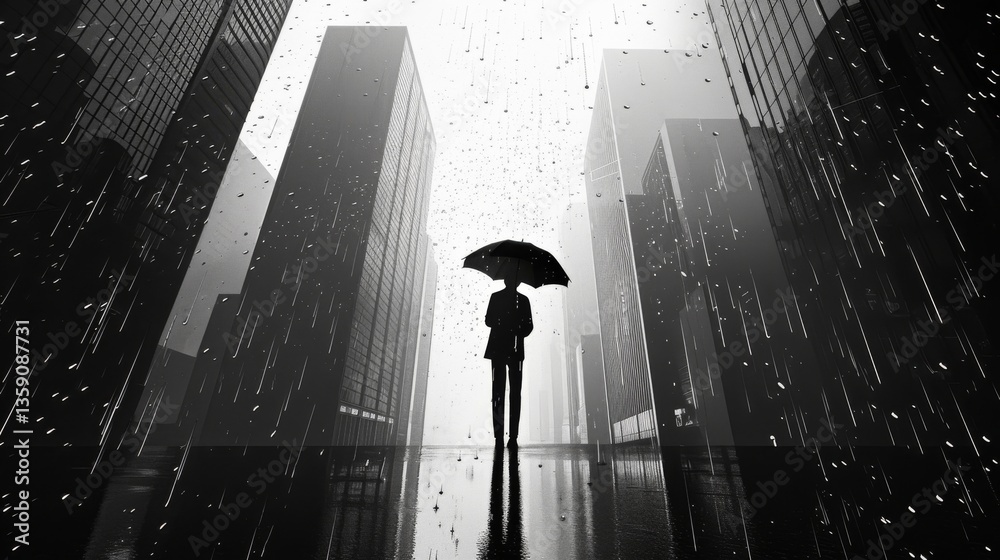 A solitary figure holds an umbrella in a rain-soaked city, surrounded by towering skyscrapers. The black-and-white image captures the contrast between the smallness of the person and the enormity of