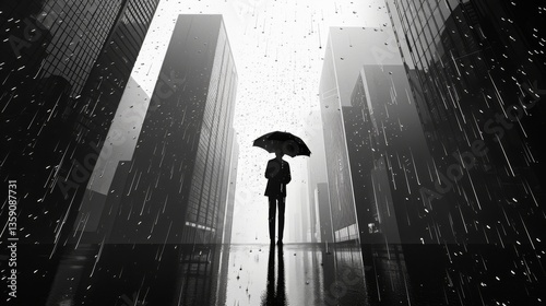 Obraz na płótnie A solitary figure holds an umbrella in a rain-soaked city, surrounded by towering skyscrapers. The black-and-white image captures the contrast between the smallness of the person and the enormity of w salonie