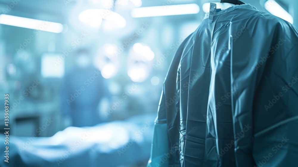 A futuristic medical shirt displayed in a cutting-edge operating room, highlighting advanced technology in healthcare. The ambient lighting and modern equipment suggest a sterile and innovative