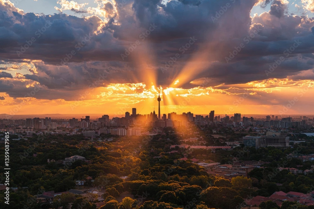 Obraz premium Cityscape at sunset Sun rays over tall buildings and trees below; tourism