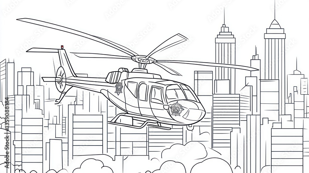 Obraz premium Cartoon Helicopter Over City Skyline, Coloring Book
