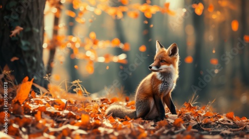 Obraz na płótnie A fox kit sits in a forest, surrounded by falling autumn leaves, creating a picturesque scene with warm, golden tones and a dreamy, blurred background. Ideal for nature and wildlife enthusiasts. w salonie