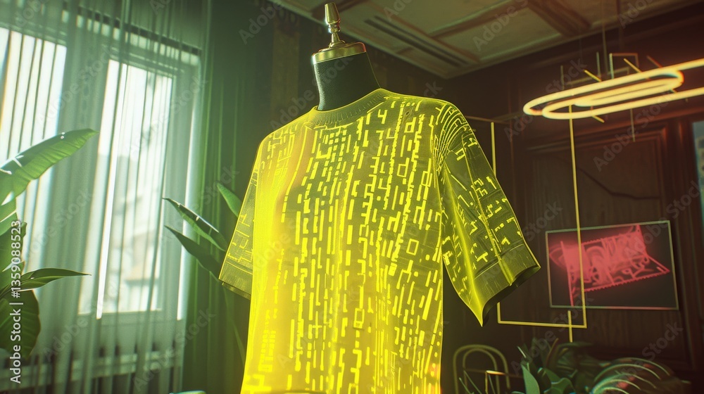 Futuristic neon yellow t-shirt with digital code pattern displayed on a mannequin in a contemporary room. The vibrant colors and unique design create a captivating, tech-inspired visual.