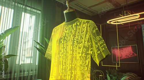 Obraz na płótnie Futuristic neon yellow t-shirt with digital code pattern displayed on a mannequin in a contemporary room. The vibrant colors and unique design create a captivating, tech-inspired visual. w salonie
