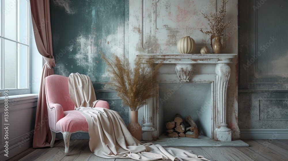 A charming vintage-style interior featuring a pink armchair draped with soft fabric, placed next to an ornate fireplace. The scene is enriched with decorative vases and dried plants, creating a