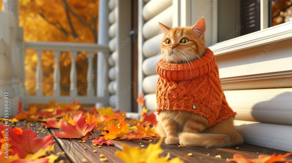 A ginger cat sits on a porch covered in vibrant autumn leaves, wearing a cozy knitted sweater. The warm fall colors create a serene and inviting atmosphere, perfect for the season.