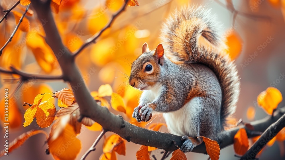 A gray squirrel clings to a tree branch, surrounded by golden autumn leaves. The rich colors of the season enhance the squirrel's natural habitat, creating a serene and picturesque autumn scene.