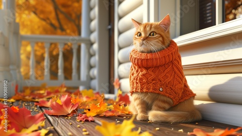 A ginger cat sits on a porch covered in vibrant autumn leaves, wearing a cozy knitted sweater. The warm fall colors create a serene and inviting atmosphere, perfect for the season.
