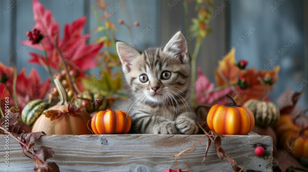 A cute tabby kitten poses among pumpkins and colorful autumn leaves, creating a festive and cozy scene. The vibrant colors and playful expression make this image ideal for seasonal greetings, holiday