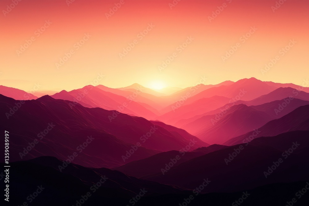 Obraz premium Sunrise over layered mountains; foggy background, ideal for calming content creation