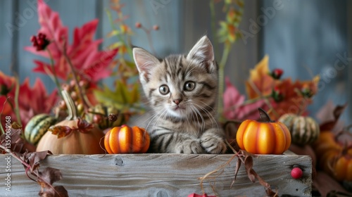 A cute tabby kitten poses among pumpkins and colorful autumn leaves, creating a festive and cozy scene. The vibrant colors and playful expression make this image ideal for seasonal greetings, holiday