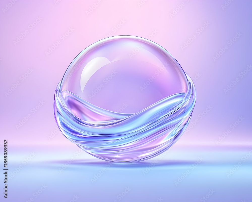 Obraz premium Iridescent sphere encircled by translucent, wavy bands on a pastel background