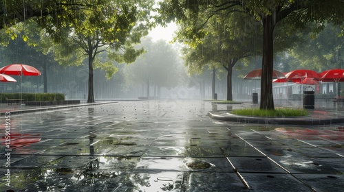 Obraz na płótnie A serene park scene featuring vibrant red umbrellas on a rainy day. The wet pavement reflects the green trees and umbrellas, creating a tranquil, misty atmosphere perfect for relaxation. w salonie