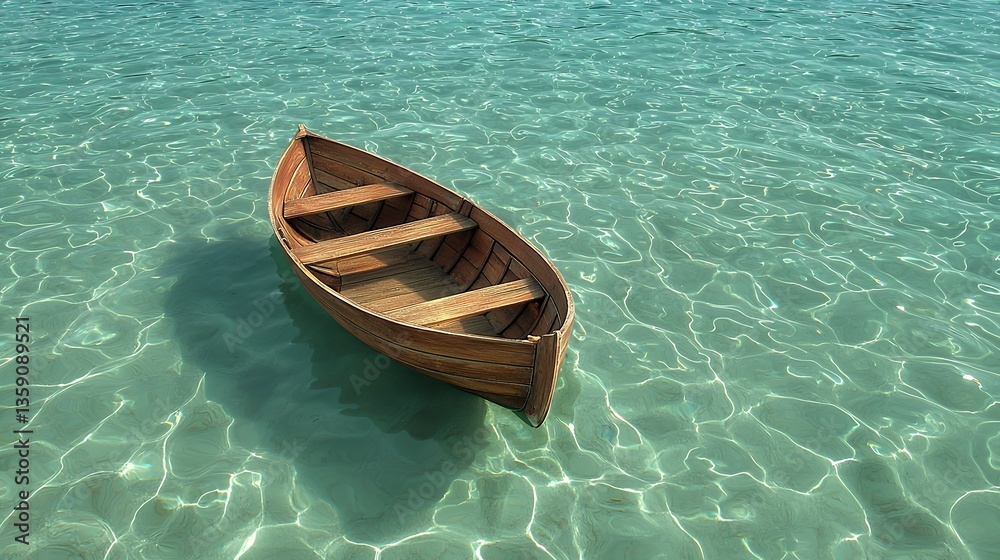 Obraz premium Small Weathered Wooden Rowboat in Calm Turquoise Water