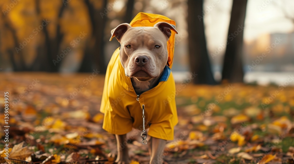 An adorable American Bully wearing a bright yellow raincoat strolls confidently through a park filled with autumn leaves. The dog's determined expression and the vibrant colors of the fall foliage
