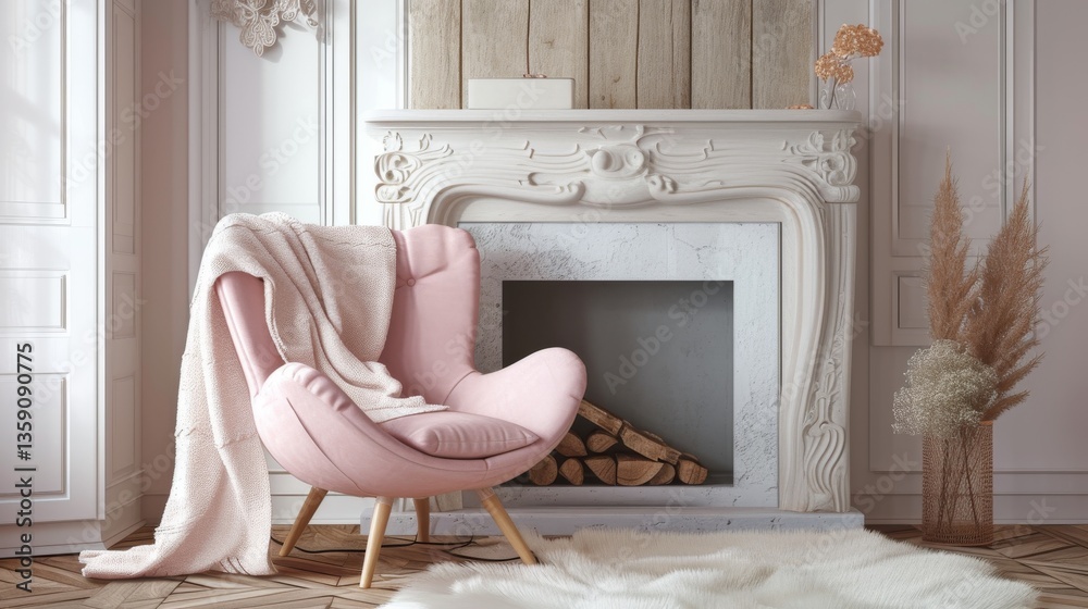 A bright living room showcasing a modern pink armchair complemented by a white, intricately designed fireplace. The room is adorned with a soft blanket, decorative plants, and natural light, creating