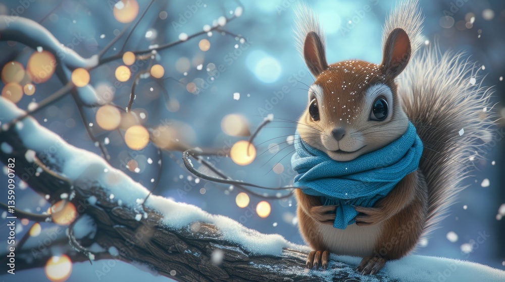 An adorable squirrel wearing a blue scarf sits on a snow-covered branch with twinkling lights in the background, creating a magical winter scene. Ideal for holiday themes and seasonal decorations