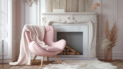 Obraz na płótnie A bright living room showcasing a modern pink armchair complemented by a white, intricately designed fireplace. The room is adorned with a soft blanket, decorative plants, and natural light, creating w salonie