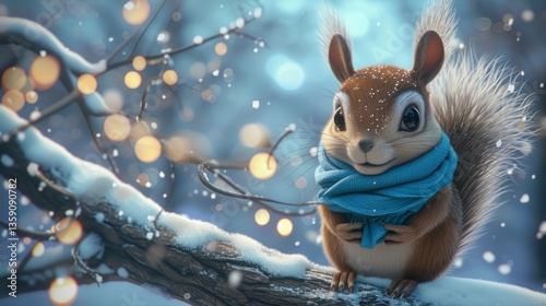 Obraz na płótnie An adorable squirrel wearing a blue scarf sits on a snow-covered branch with twinkling lights in the background, creating a magical winter scene. Ideal for holiday themes and seasonal decorations w salonie