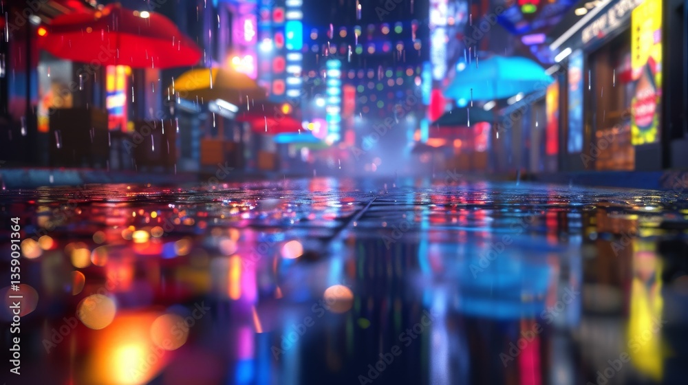 A dynamic city street illuminated by colorful lights and reflecting rain creates a lively night scene. The wet pavement, neon signs, and glowing umbrellas add to the vibrant atmosphere, capturing the
