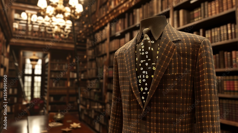 A stylish checkered suit with subtle digital accents displayed in a classic library setting. The digital patterns add a contemporary edge to the timeless elegance of the library.