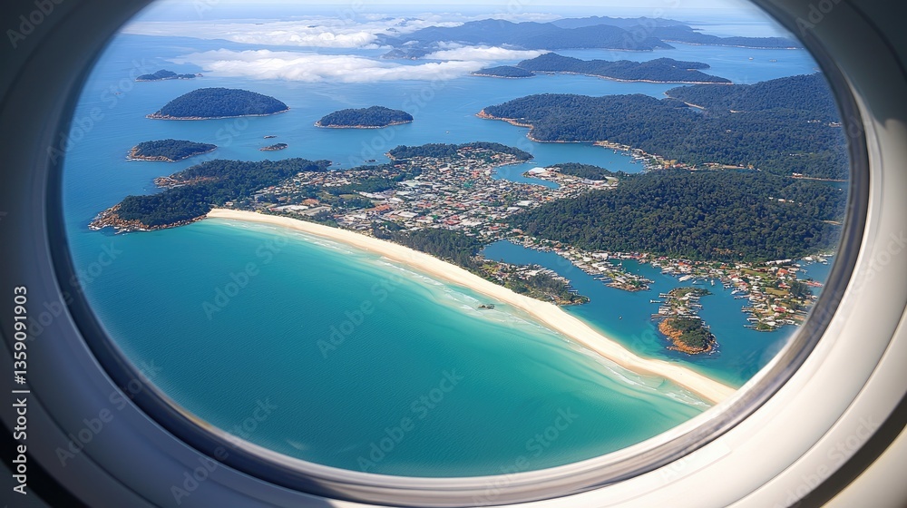 Fototapeta premium Aerial view of coastal town and beach through airplane window. Tranquil bay, islands, and cityscape seen from above. Perfect for travel brochures or tourism advertising.