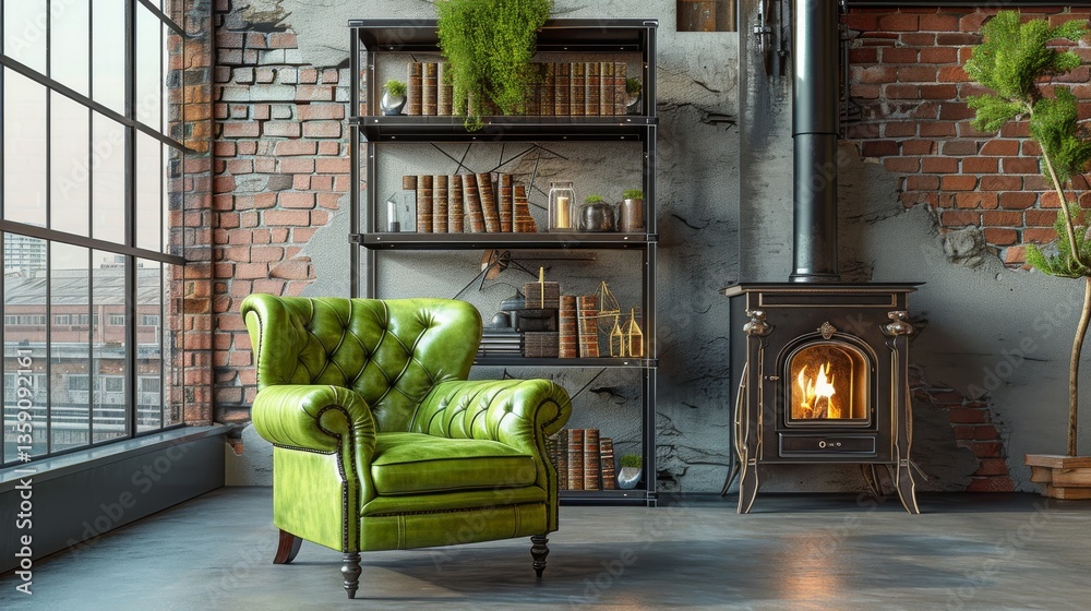 A vibrant green armchair brightens a stylish loft, complete with a bookshelf and a burning fireplace. The industrial setting with its exposed brick walls provides a modern and cozy ambiance, perfect