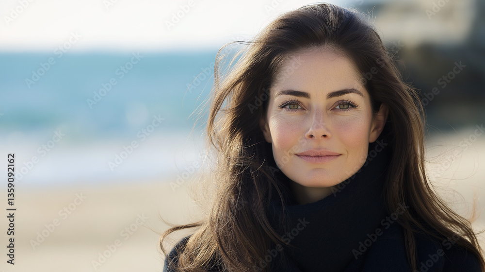 Woman enjoying a serene moment by the ocean, embodying calm and natural beauty. Woman enjoying a serene moment by the ocean, embodying calm and natural beauty.