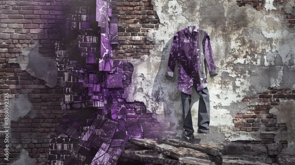 A surreal art installation featuring a purple shirt merged into a fragmented brick wall. The artwork blends urban decay with vibrant color, creating a thought-provoking visual statement ideal for