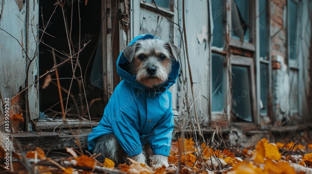 A small dog wearing a blue raincoat sits amidst colorful autumn leaves near an abandoned building. The scene captures a mix of warmth and desolation, highlighting the dog's cute and resilient presence