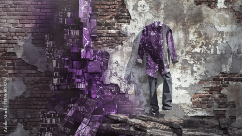 Obraz na płótnie A surreal art installation featuring a purple shirt merged into a fragmented brick wall. The artwork blends urban decay with vibrant color, creating a thought-provoking visual statement ideal for w salonie