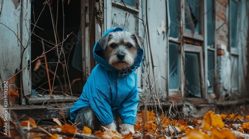 Obraz na płótnie A small dog wearing a blue raincoat sits amidst colorful autumn leaves near an abandoned building. The scene captures a mix of warmth and desolation, highlighting the dog's cute and resilient presence w salonie