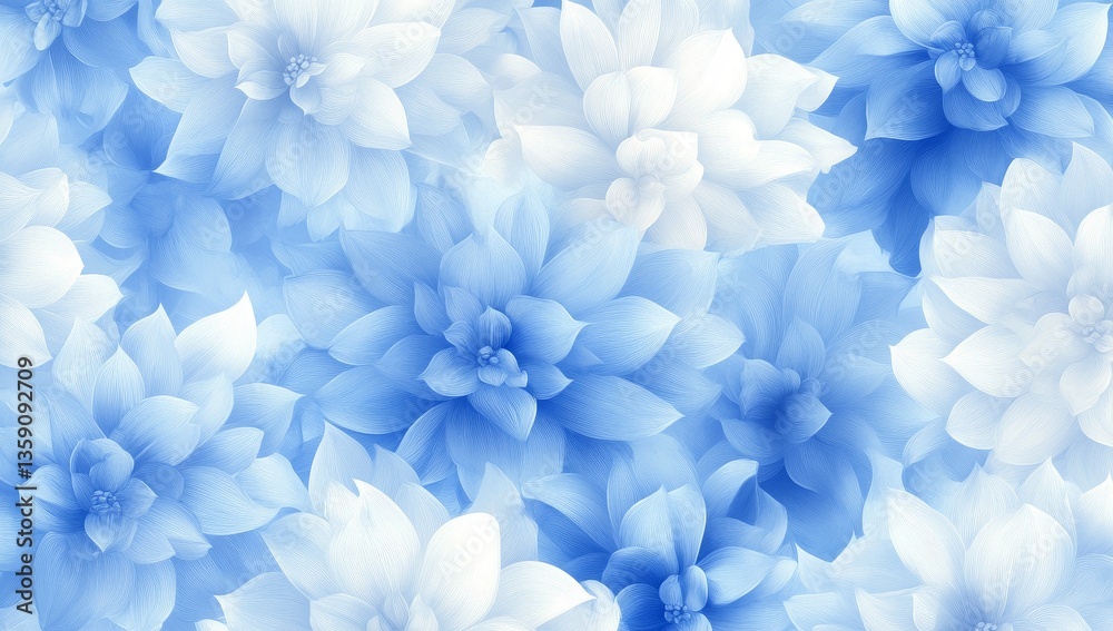 Delicate floral pattern of light blue and white flowers. Soft, textured petals create a dreamy, ethereal backdrop Delicate floral pattern of light blue and white flowers. Soft, textured petals create a dreamy, ethereal backdrop