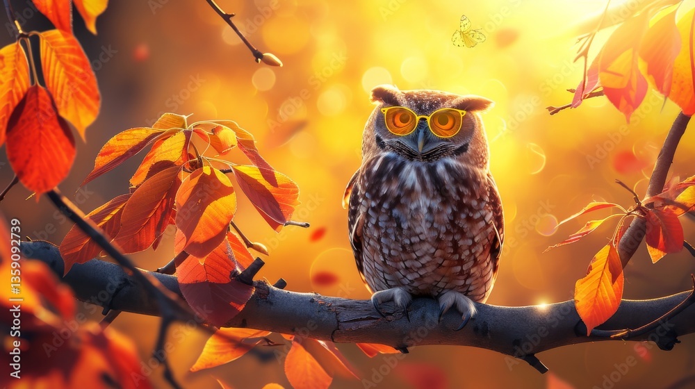 A charming owl wearing glasses sits on a branch adorned with vibrant autumn leaves, bathed in golden light. A small butterfly adds a whimsical touch to this enchanting scene, perfect for themes of
