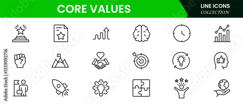 Core Values Line Icons Stock Illustration" refers to a colle Stock Illustration" refers to a collection of minimalist, line-drawn icons representing essential organizational or personal principles.