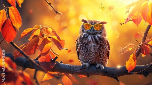 Obraz na płótnie A charming owl wearing glasses sits on a branch adorned with vibrant autumn leaves, bathed in golden light. A small butterfly adds a whimsical touch to this enchanting scene, perfect for themes of w salonie