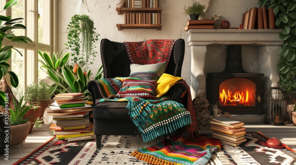 A cozy living room adorned with vibrant textiles, a black armchair, and a crackling fireplace. Surrounded by plants and books, the space exudes warmth and comfort, perfect for relaxation.