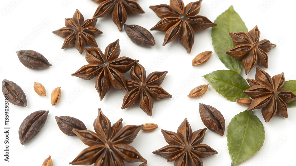 Fototapeta premium Star anise spice fruits and seeds isolated on white background closeup