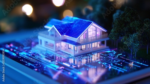 Smart home model, solar panels, night scene, tablet, energy efficiency